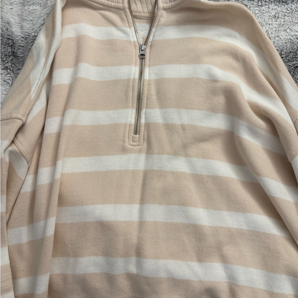 Striped Beige and White Quarter-Zip Pullover aerie
